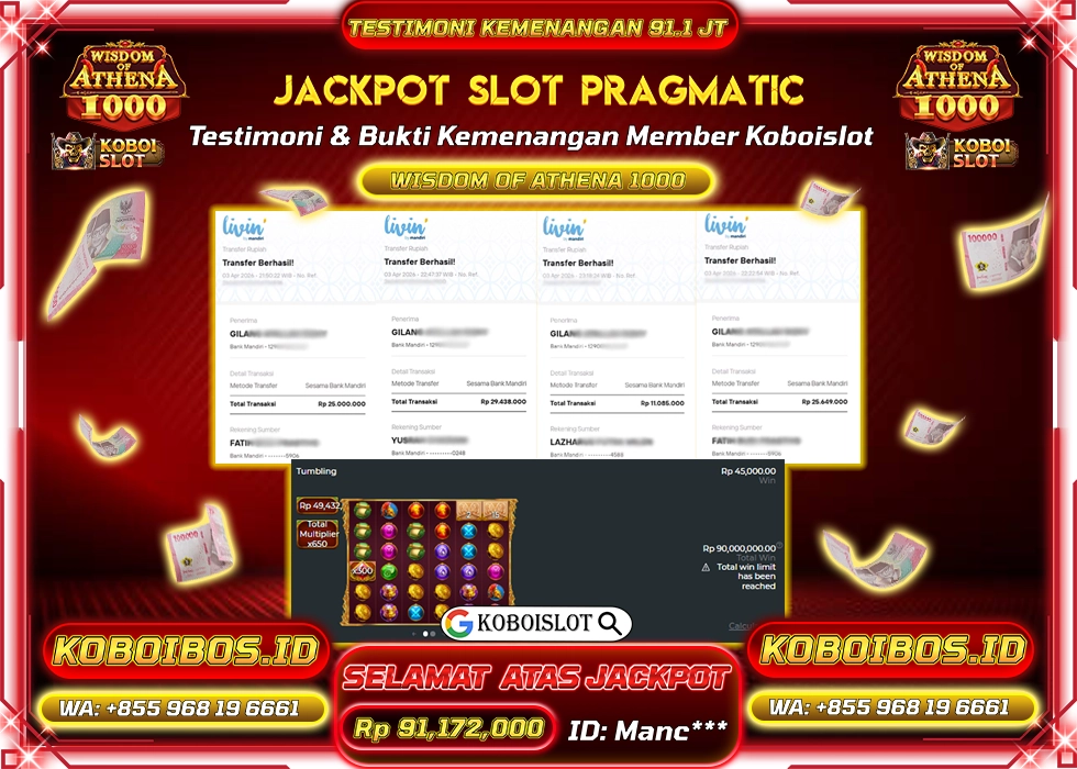 BUKTI KEMENANGAN SLOT GACOR WISDOM OF ATHENA 1000 Rp91.172.000,- LUNAS